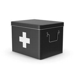 Black first aid tin box with white cross for medical rescue