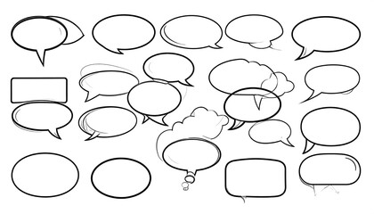 Fototapeta premium A collection of various comic book style speech bubbles in black outline on a white background.