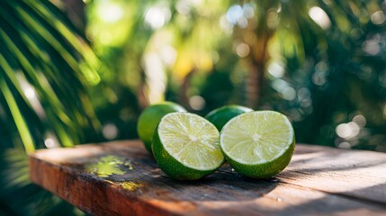 Fresh juicy limes on wooden board with tropical background for summer drinks and healthy eating diet tips
