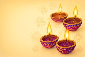 Four beautifully decorated clay diyas with flickering flames on a warm textured background