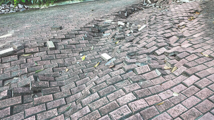 Broken and Uneven Brick Pavement with Exposed Foundation