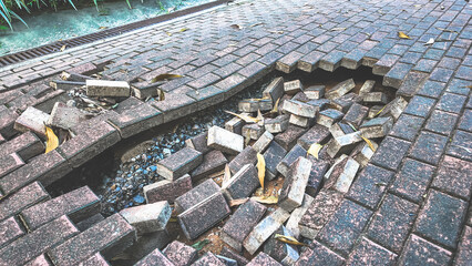 Broken and Uneven Brick Pavement with Exposed Foundation