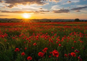 Golden hour light bathes a vibrant field of red poppies and green grass in a peaceful countryside setting