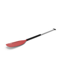 Red single canoe paddle equipment used for boating and rescue gear, Angled view