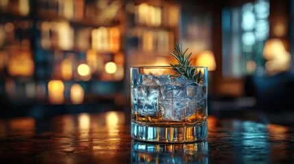 Rosemary cocktail, ice, bar, library, night, drink, glass, amber, wood, menu