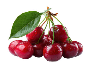 Cherry isolated. Fresh ripe cherries with leaves isolated on a white background.Sweet cherries pile. Berries and fruits. Vegan. Healthy eating isolated on a white background
