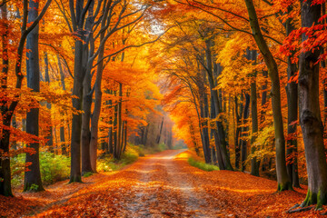 Fototapeta premium A path through an autumn forest with vibrant orange and yellow leaves covering the ground and trees