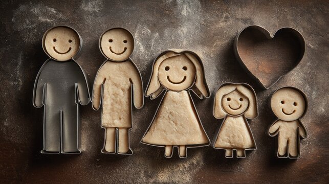 Charming Cookie Cutters in Family Shapes on Rustic Surface with Smile Faces and Heart Design for Baking Fun