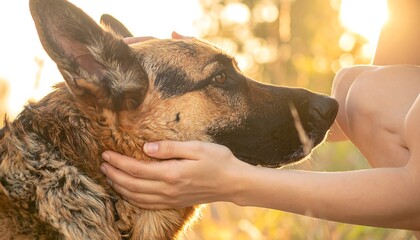 Gentle hands caress a German Shepherd