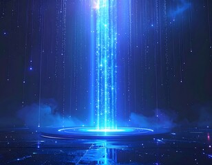 Digital portal with light beams and falling data