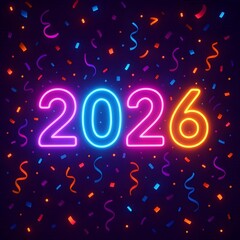 Neon glowing 2026 digits with confetti.