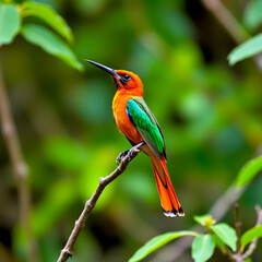 Obraz premium A brightly colored Rufous-tailed Jacamar sitting up on a small branch in scrubby woodland in eastern Tobago