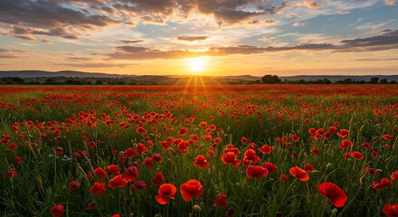 Golden hour light bathes a vibrant field of red poppies and green grass in a peaceful countryside setting