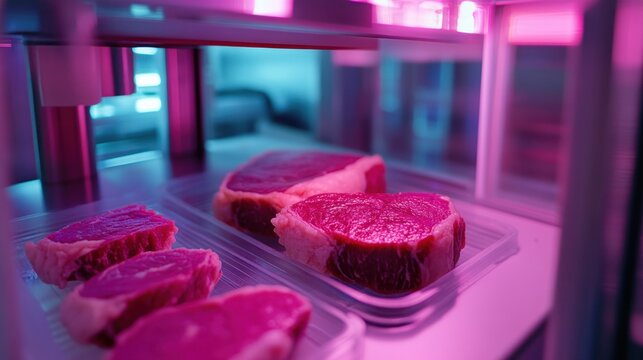 Raw meat portions sit in trays under pink and blue lighting, suggesting lab or processing setting