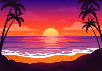 A vibrant sunset over the ocean, framed by silhouetted palm trees and a sandy beach, with colorful clouds. © denijulianto