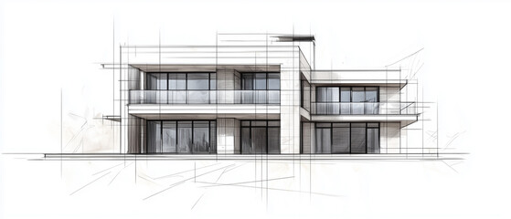 Facade Study with Grid Overlay: A precise frontal perspective drawing of a modern home's facade