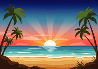 Obraz premium Tropical beach scene with palm trees framing a vibrant sunset over the ocean, casting light rays across the sky.