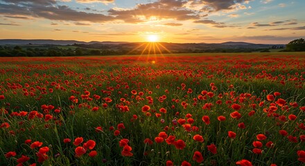 Golden hour light bathes a vibrant field of red poppies and green grass in a peaceful countryside setting