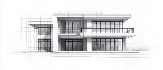 Facade Study with Grid Overlay: A precise frontal perspective drawing of a modern home's facade