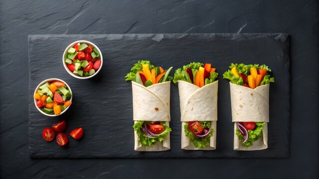vegetable wraps lunch setup on dark slate background, overhead top-down view, minimal styling, fresh healthy meal with space for text, bright and appetizing composition