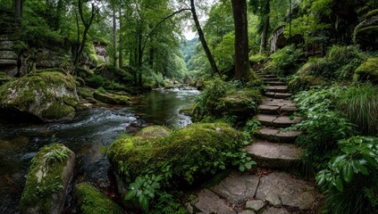 Moss-covered stones line a tranquil stream path winding through a lush, verdant forest, leading to a stone archway in the distance