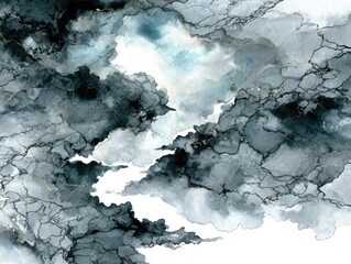 Abstract watercolor painting in shades of grey, blue, and black, accented with thin gold lines, resembling clouds or a marbled texture