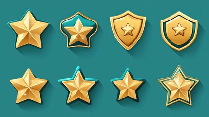 Obraz premium Golden star and shield icons; game assets; teal background; UI design