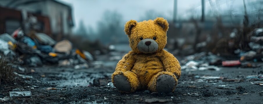 A lone worn teddy bear sits amidst a pile of debris and trash symbolizing abandonment and hardship