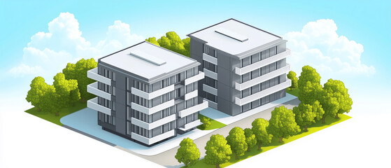 Geometric Harmony: A digital isometric illustration emphasizing the geometric forms of the modern apartment building