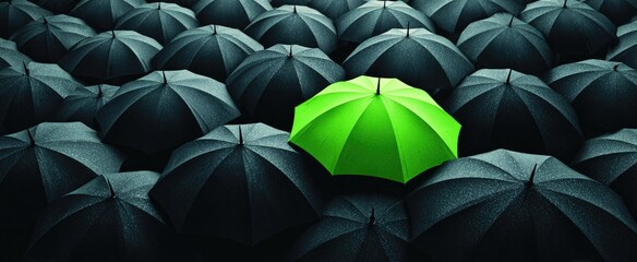 A vibrant green umbrella stands out amongst a sea of dark grey umbrellas