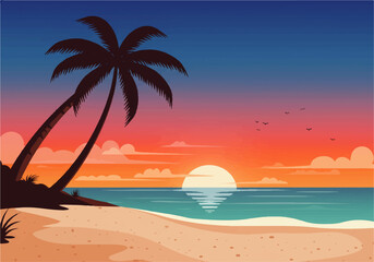 A vibrant sunset scene on a tropical beach with palm trees silhouetted against the colorful sky and the sun reflecting on the ocean.