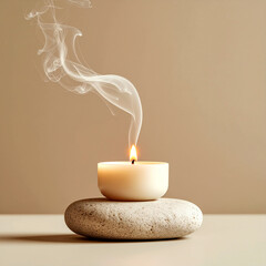 Aromatherapy Candle Still Life &ndash; Soft Glow with Gentle Smoke on Stone Surface