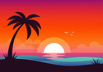 A vibrant sunset illustration featuring a silhouetted palm tree on a beach, with birds flying over the ocean and a colorful sky.