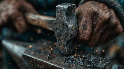 Close-up of blacksmith’s hands hammering heated metal on anvil with sparks flying, capturing raw power, traditional forging techniques, and the intense craftsmanship of metal shaping in artisan blacks