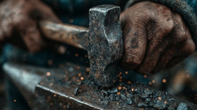 Close-up of blacksmith&rsquo;s hands hammering heated metal on anvil with sparks flying, capturing raw power, traditional forging techniques, and the intense craftsmanship of metal shaping in artisan blacks