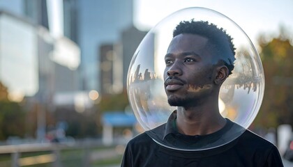 Thoughtful man wearing a protective bubble helmet explores a modern urban landscape, reflecting a need for solutions