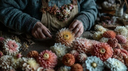 Artisan arranging colorful dried flowers by hand on rustic wooden table, capturing the delicate precision, natural beauty, and traditional floral craftsmanship involved in botanical art and handmade d