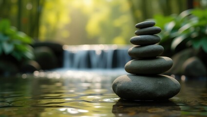 Obraz premium Zen stones stacked near a bamboo water feature