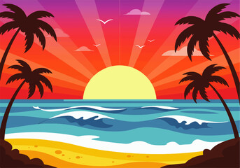 A vibrant cartoon illustration of a tropical beach at sunset, featuring palm trees, ocean waves, and a colorful sky.