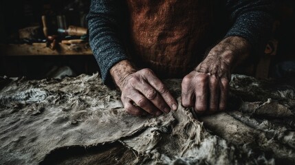 Artisan working raw leather with both hands on rustic workbench in dimly lit workshop, highlighting tactile craftsmanship, traditional leatherworking techniques, and the rugged beauty of handmade mate