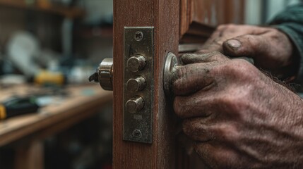 Close-up of craftsman’s hands installing or repairing door lock in workshop setting, highlighting the manual skill, precision, and practical expertise involved in traditional locksmithing and door har