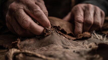 Close-up of artisan’s hands working raw leather with care and precision, showcasing the tactile, time-honored techniques of traditional leathercraft in a warm, rustic workshop setting
