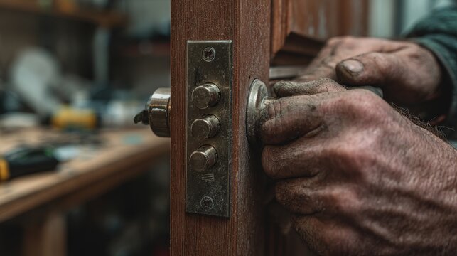 Close-up of craftsman&rsquo;s hands installing or repairing door lock in workshop setting, highlighting the manual skill, precision, and practical expertise involved in traditional locksmithing and door har