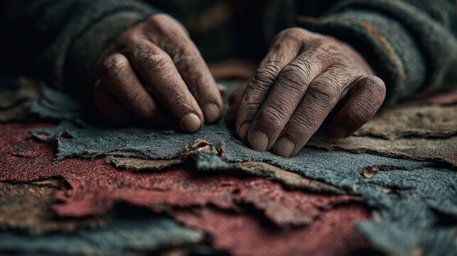 Close-up of artisan&rsquo;s weathered hands sorting layered leather scraps on a workbench, highlighting the tactile essence, patience, and traditional craftsmanship of handmade leatherworking in a rustic se