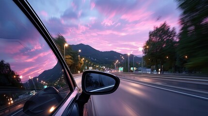 Car Interior View Driving on Highway at Sunset with Pink Sky Road and Trees, Motion Blur and Street Lights