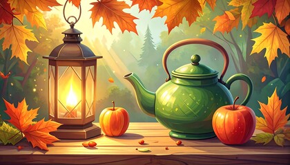 A still life scene featuring a lantern, teapot, and apples, bathed in warm autumnal light, set against a backdrop of fall foliage.