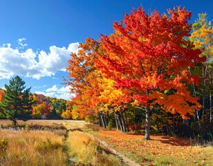 Fototapeta premium A picturesque autumnal landscape showcasing vibrant fall foliage, a sun-drenched path, and a clear blue sky dotted with fluffy white clouds.