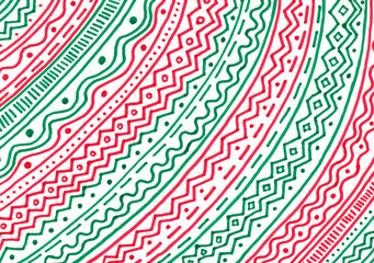 Background is filled with geometric ornament. Green and red colors on a white background. Lines, zigzags, waves, circles, dots, rhombuses, strokes. Placed diagonally. Freehand drawing with a marker.