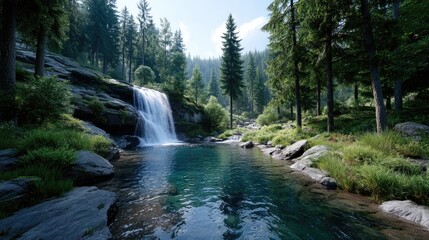 Cascading Waterfall Splashing into a Serene Pool Surrounded by Lush Green Forest Under a Bright Blue Sky