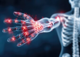 X-ray-like image of a hand and arm with red glowing inflamed joints, suggesting arthritis or similar ailment